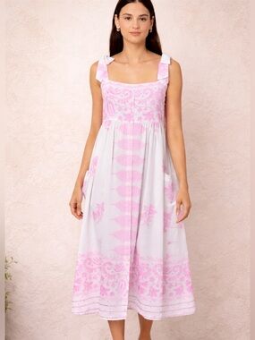 Juliet Dunn Pink White Tie Shoulder Midi Dress Cotton Lined Resort Boho